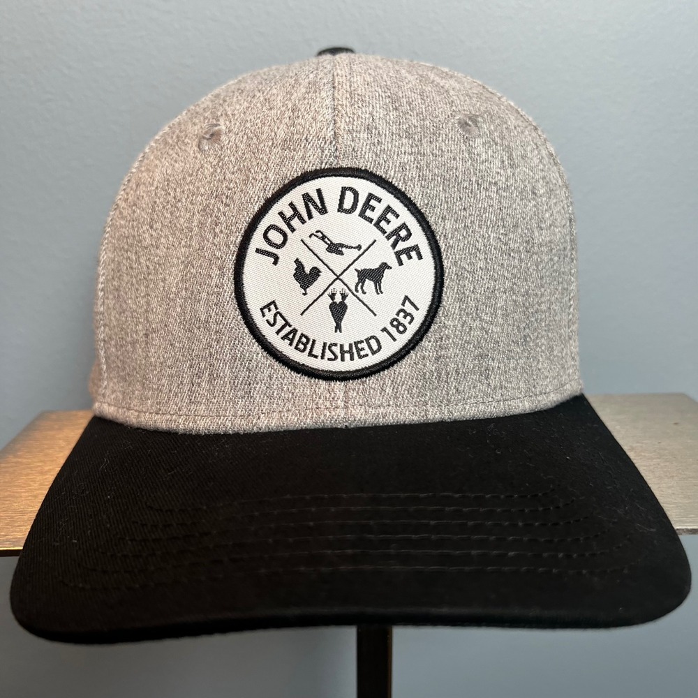 John Deere Gray Black Snapback Hat Established 1837 Farm Logo Cap